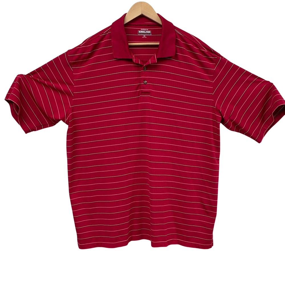 Kirkland Signature Mens Red Striped Performance Polo Shirt XXL Short Sleeve